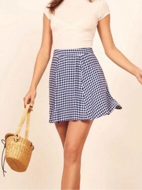 Reformation Navy Gingham Skater Mini Skirt